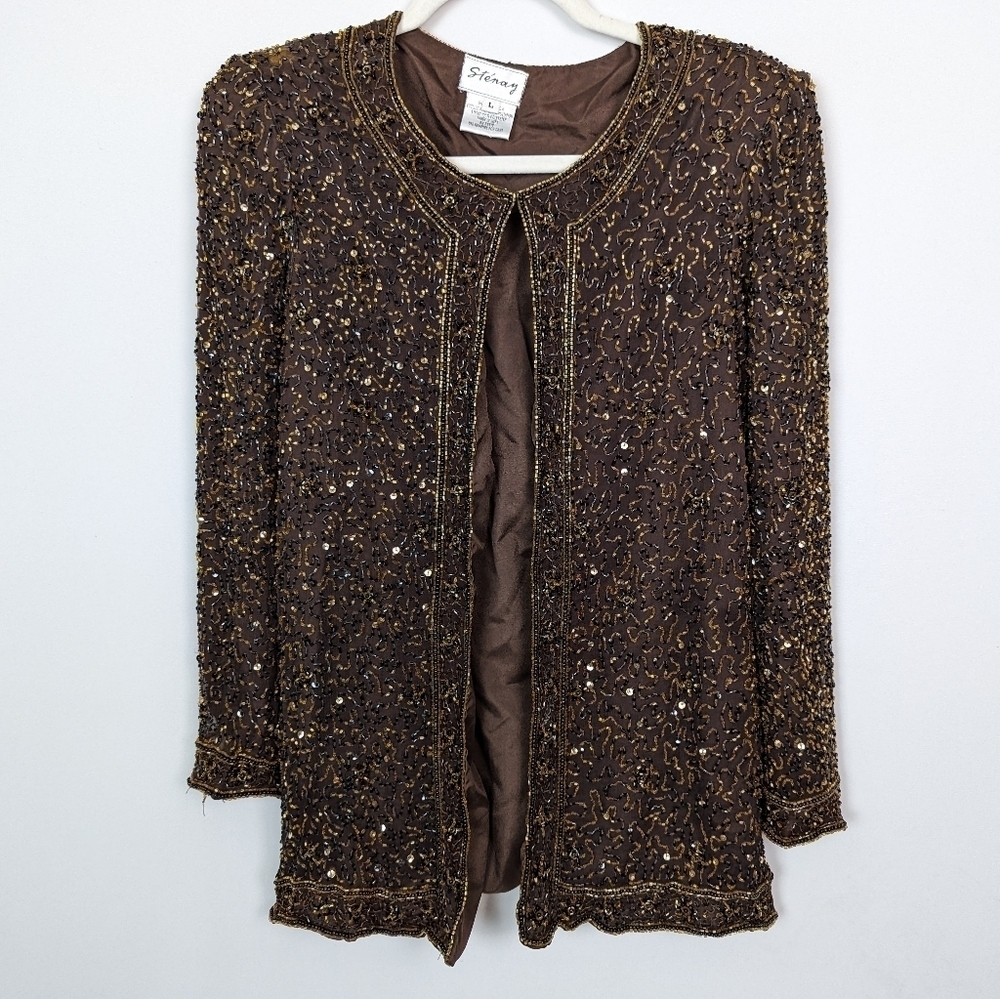 90s Vintage STENAY sz.L Silk Beaded Sequin Jacket Top Evening Formal Cocktail